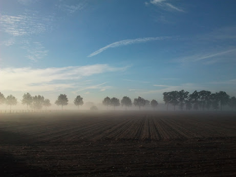 Fietsen in Duitsland op de vroege morgen kijkend over veld