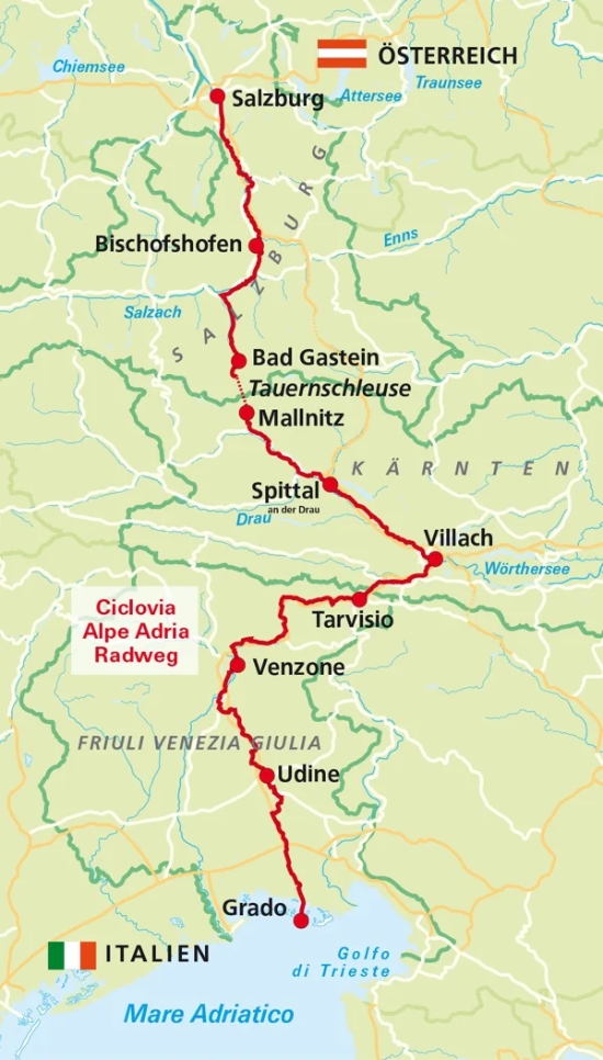 Map Alpe Adria Radweg fietsvakantie